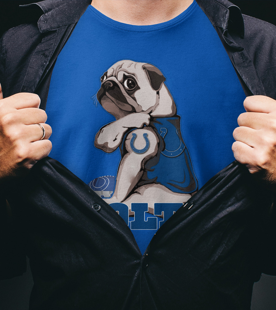 Pug Colts Fan With Blue Football Gear T-Shirt