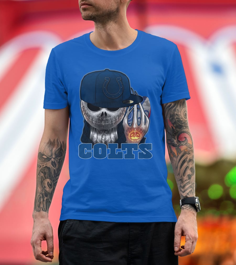 Colts Halloween Skull With Indianapolis Blue And Jack O'lantern Hand T-Shirt