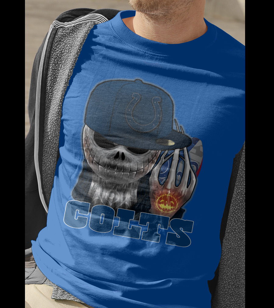 Colts Halloween Skull With Indianapolis Blue And Jack O'lantern Hand T-Shirt