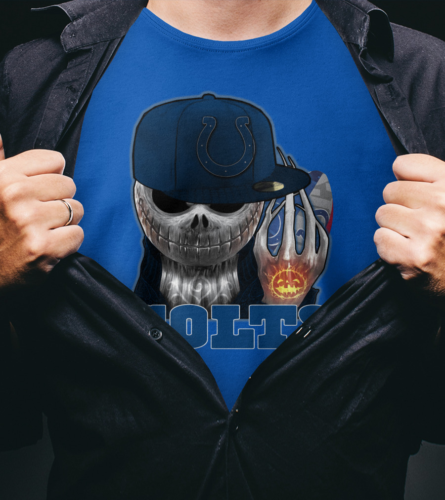 Colts Halloween Skull With Indianapolis Blue And Jack O'lantern Hand T-Shirt