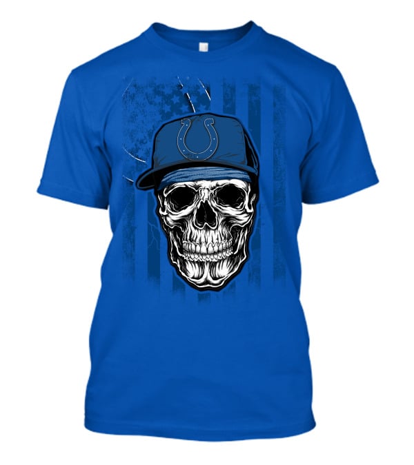 Skull Indianapolis Colts Blue Cap American Flag Background T-Shirt