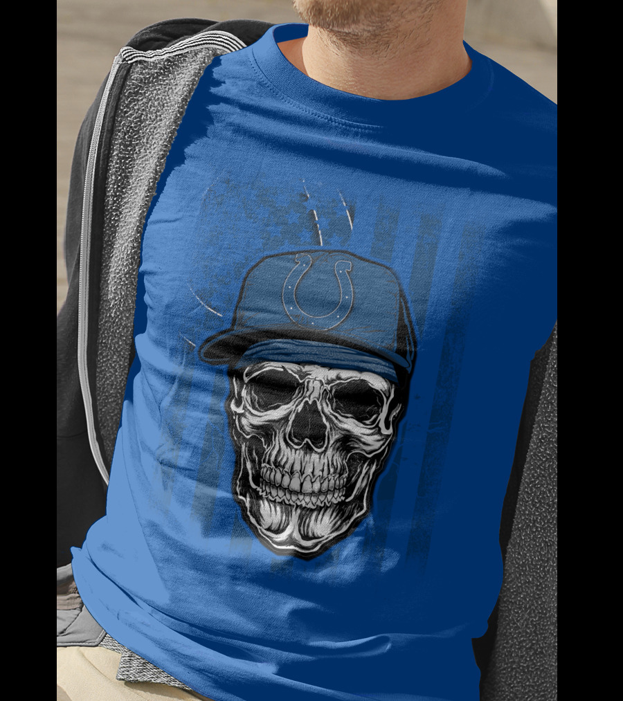 Skull Indianapolis Colts Blue Cap American Flag Background T-Shirt