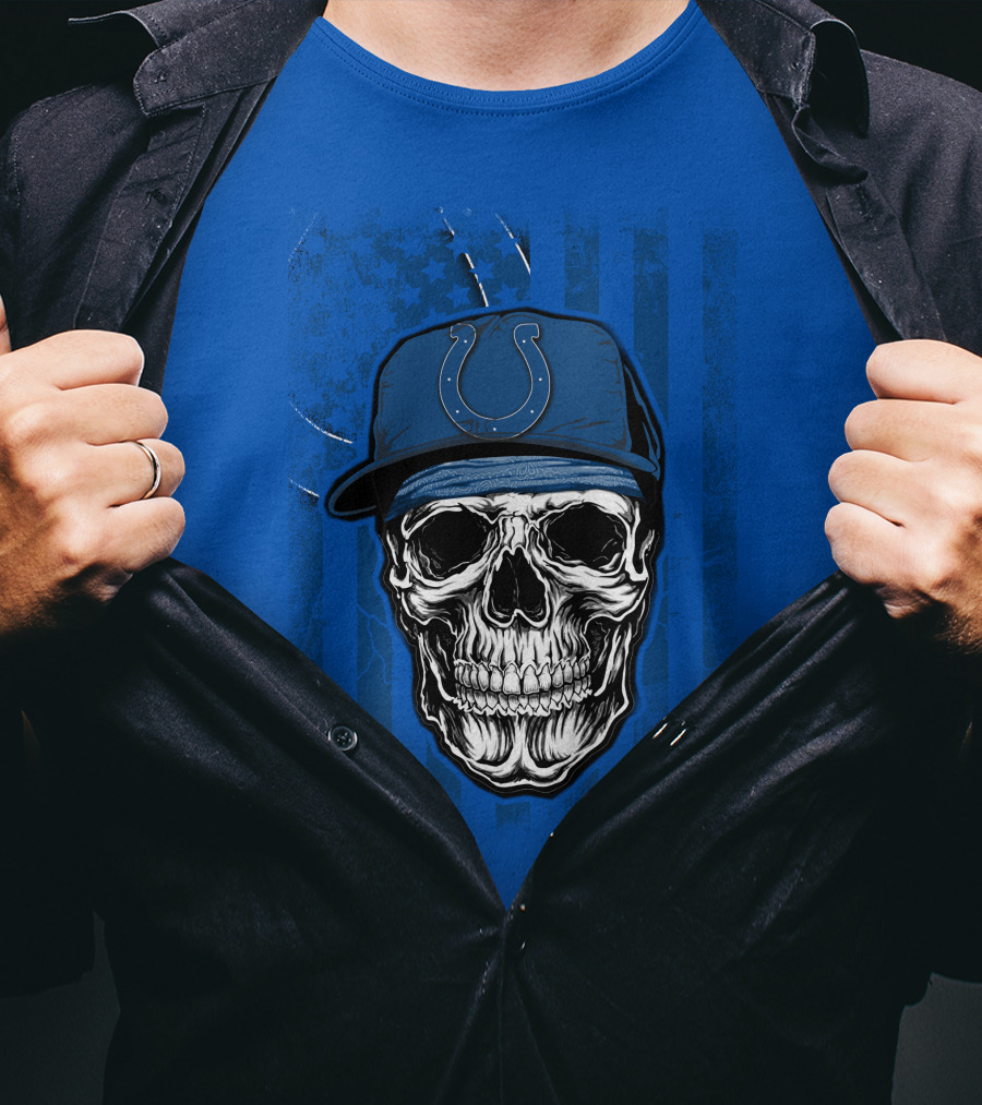 Skull Indianapolis Colts Blue Cap American Flag Background T-Shirt