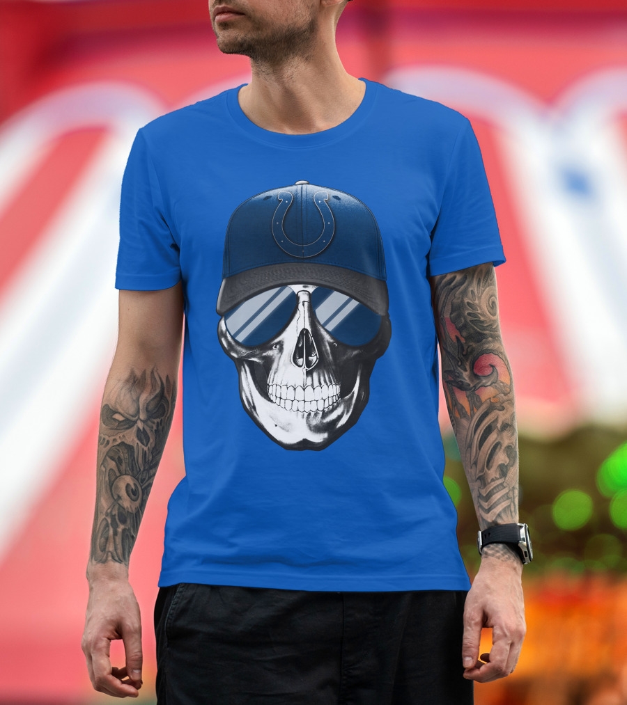 Skull Wearing Indianapolis Colts Cap with Sunglasses T-Shirt