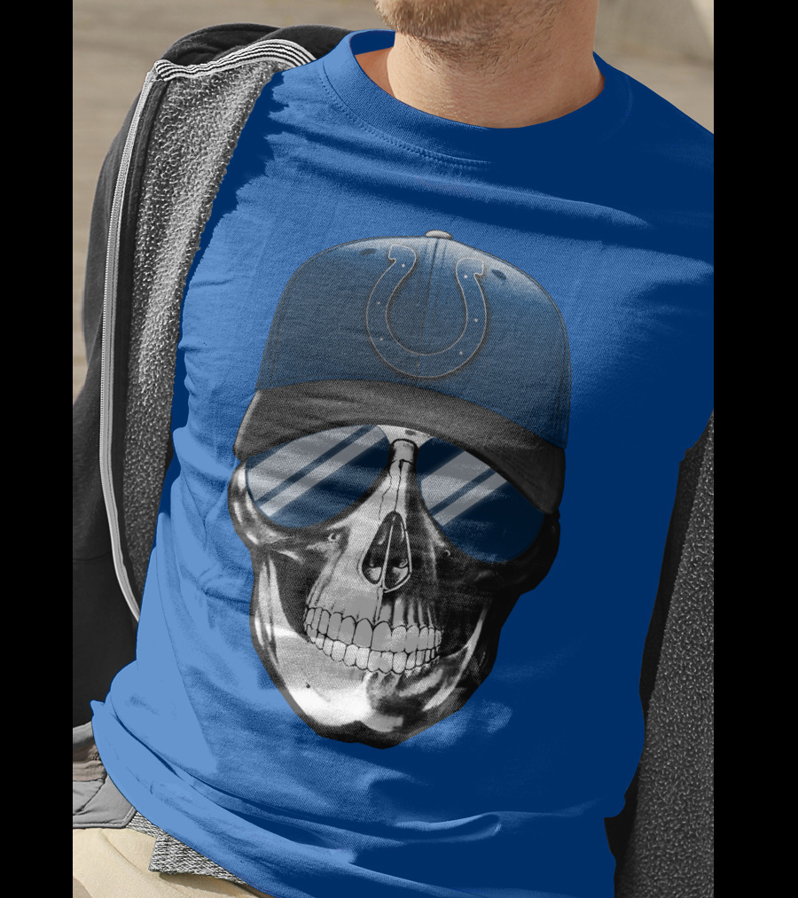 Skull Wearing Indianapolis Colts Cap With Sunglasses T-Shirt