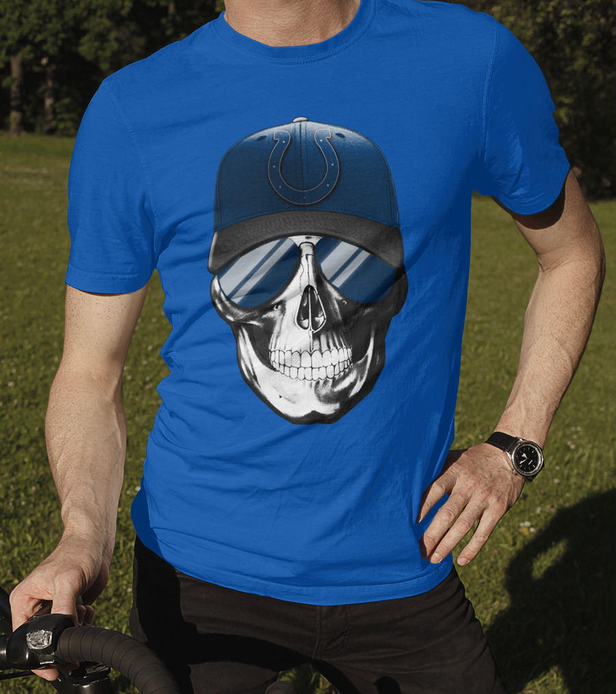 Skull Wearing Indianapolis Colts Cap With Sunglasses T-Shirt
