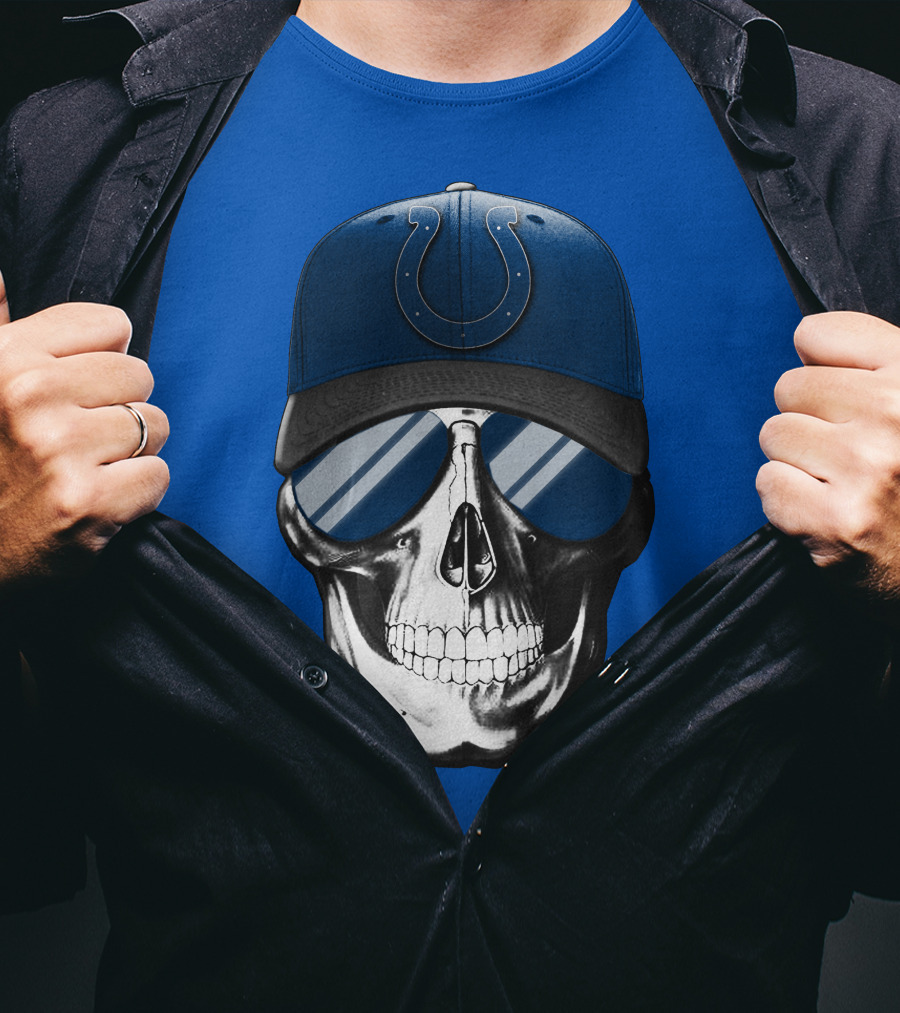 Skull Wearing Indianapolis Colts Cap With Sunglasses T-Shirt