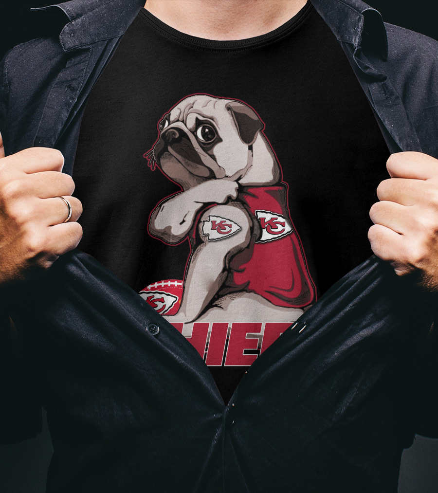 Pug Wearing Kansas City Chiefs Jersey With Football T-Shirt