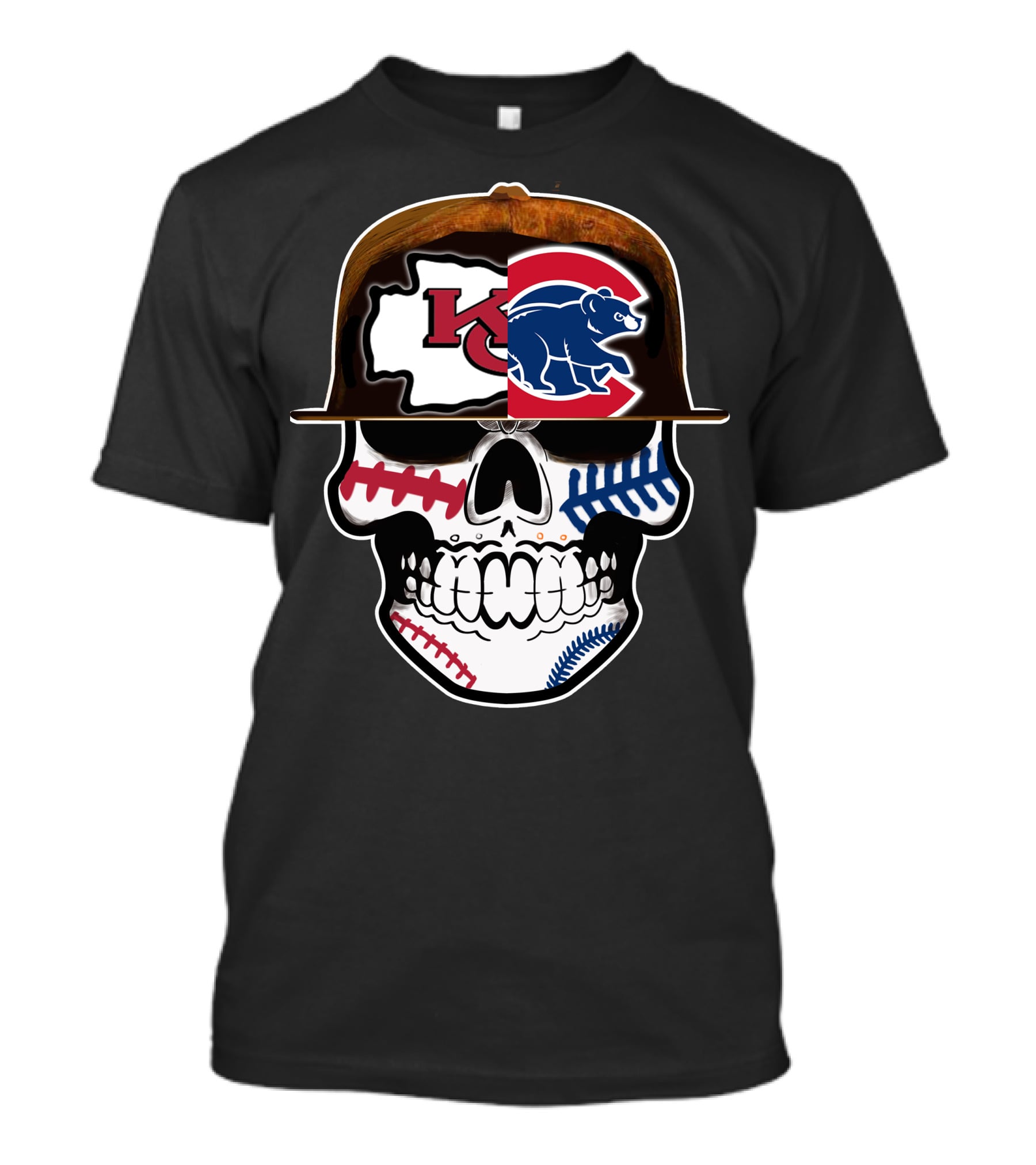 Kansas City Chiefs Chicago Cubs Skull Baseball Football Fusion T-Shirt