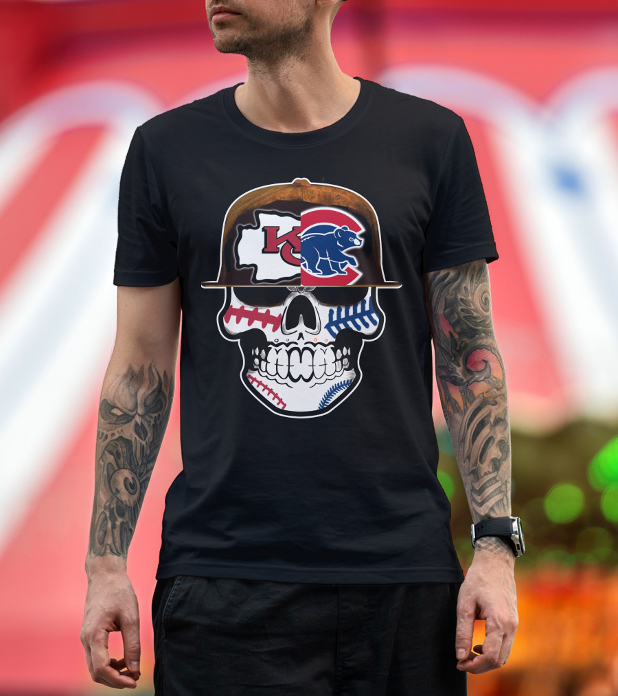 Kansas City Chiefs Chicago Cubs Skull Baseball Football Fusion T-Shirt