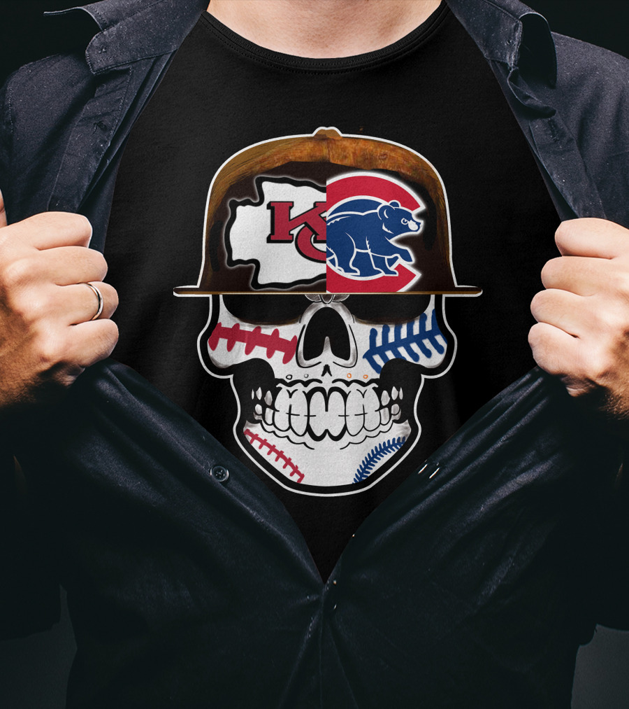Kansas City Chiefs Chicago Cubs Skull Baseball Football Fusion T-Shirt