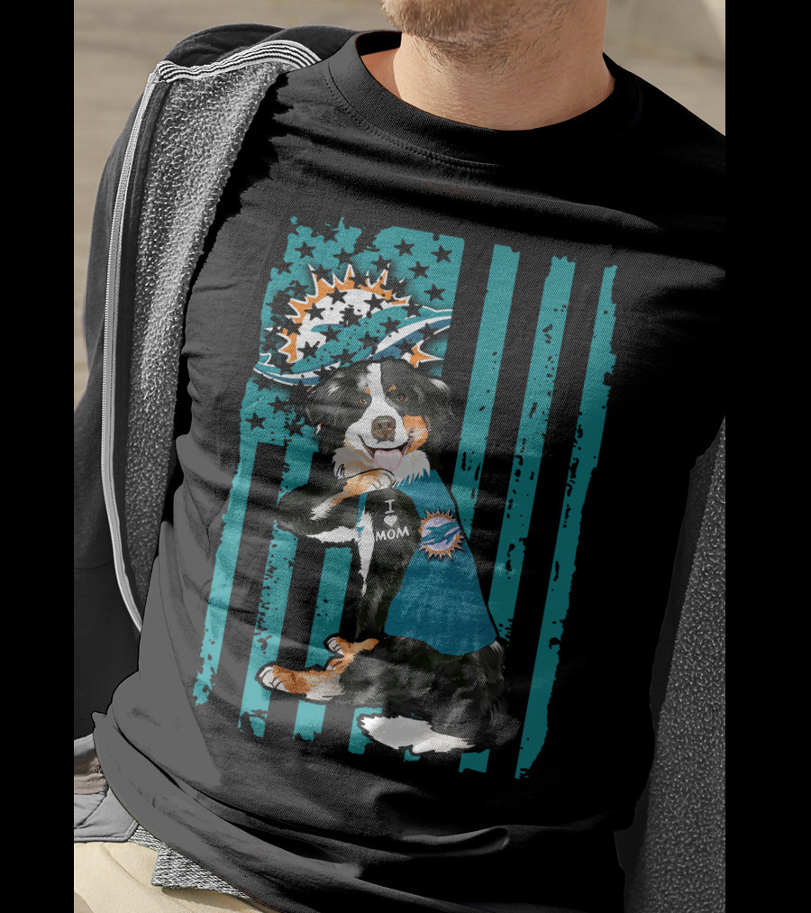 Border Collie I Love Mom Wearing Miami Dolphins Fan Shirt With Flag T-Shirt