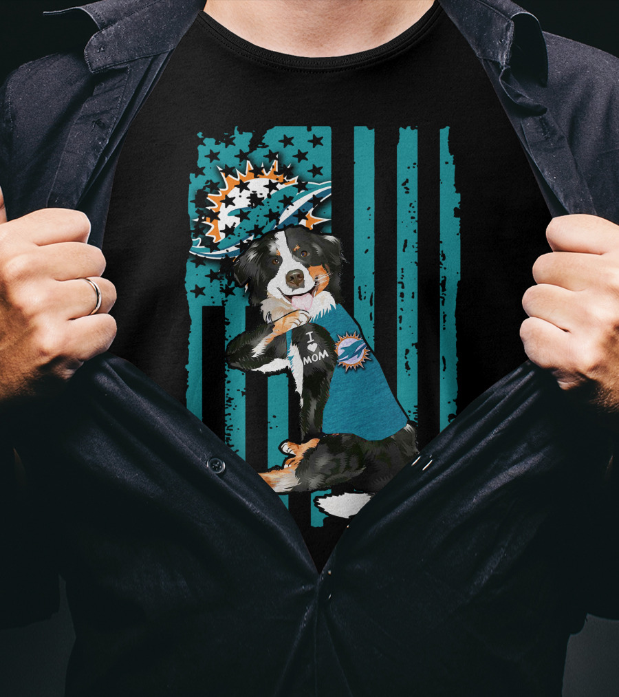 Border Collie I Love Mom Wearing Miami Dolphins Fan Shirt With Flag T-Shirt
