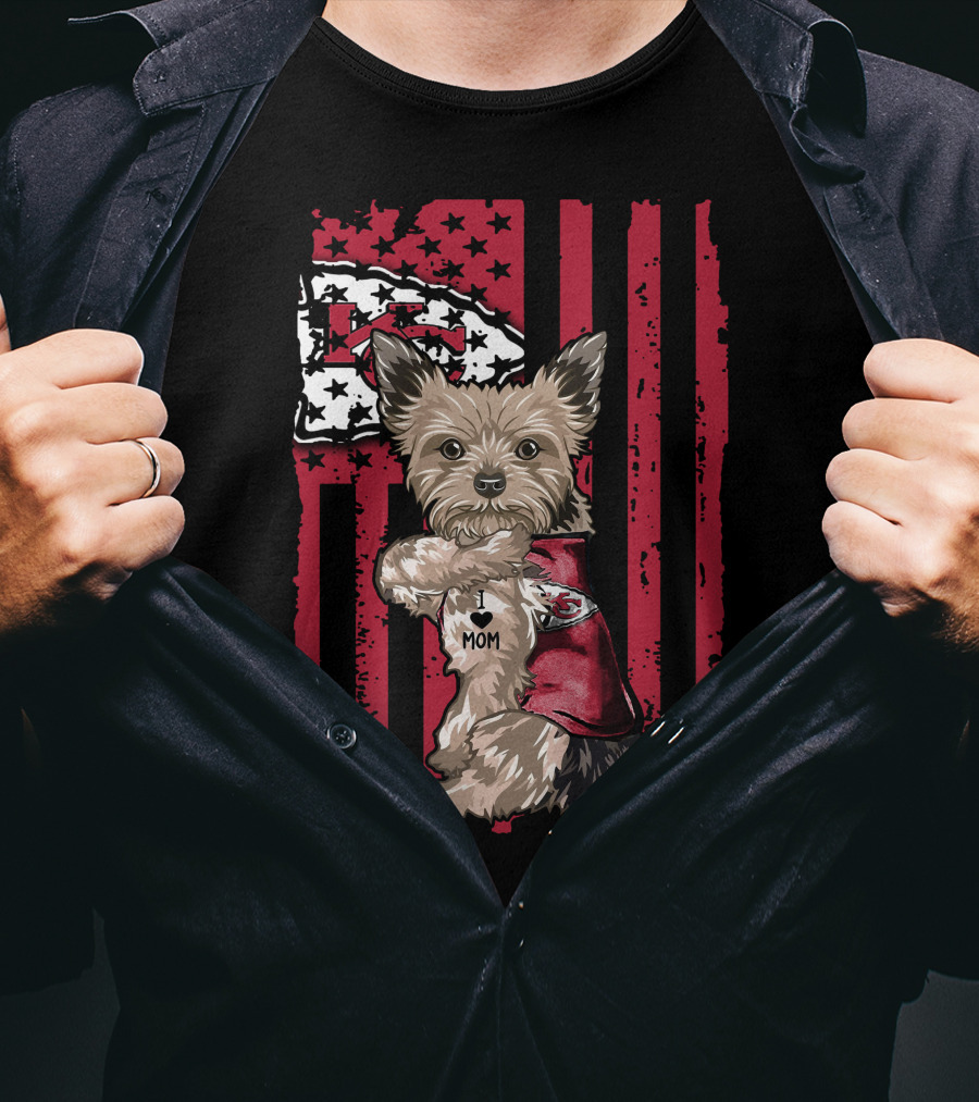 Yorkshire Terrier I Love Mom Kansas City Chiefs American Flag T-Shirt