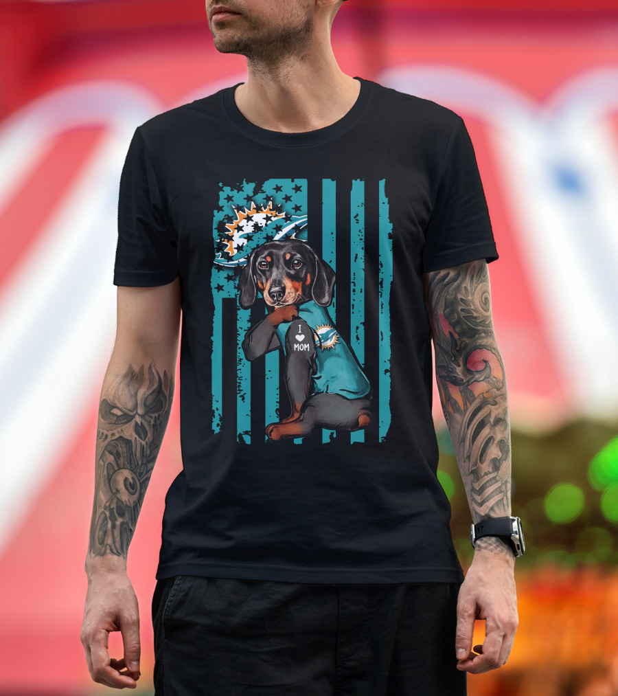 Dachshund I Love Mom Miami Dolphins Nfl Team Fan Dog And Flag T-Shirt