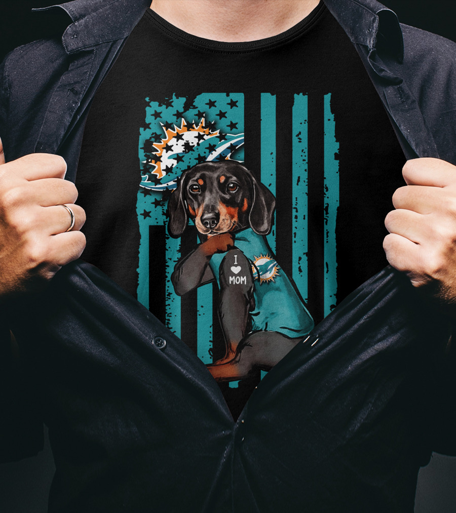 Dachshund I Love Mom Miami Dolphins Nfl Team Fan Dog And Flag T-Shirt