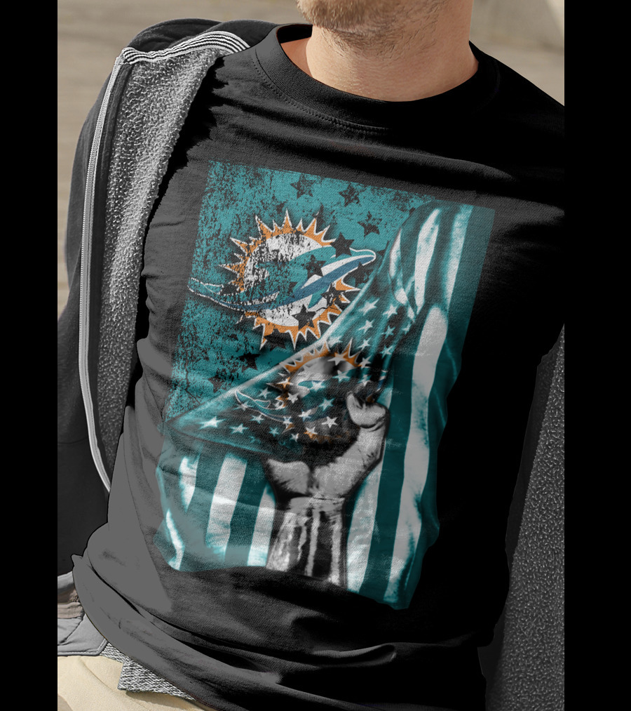 Flag V1 Miami Dolphins Stars And Stripes Fist T-Shirt