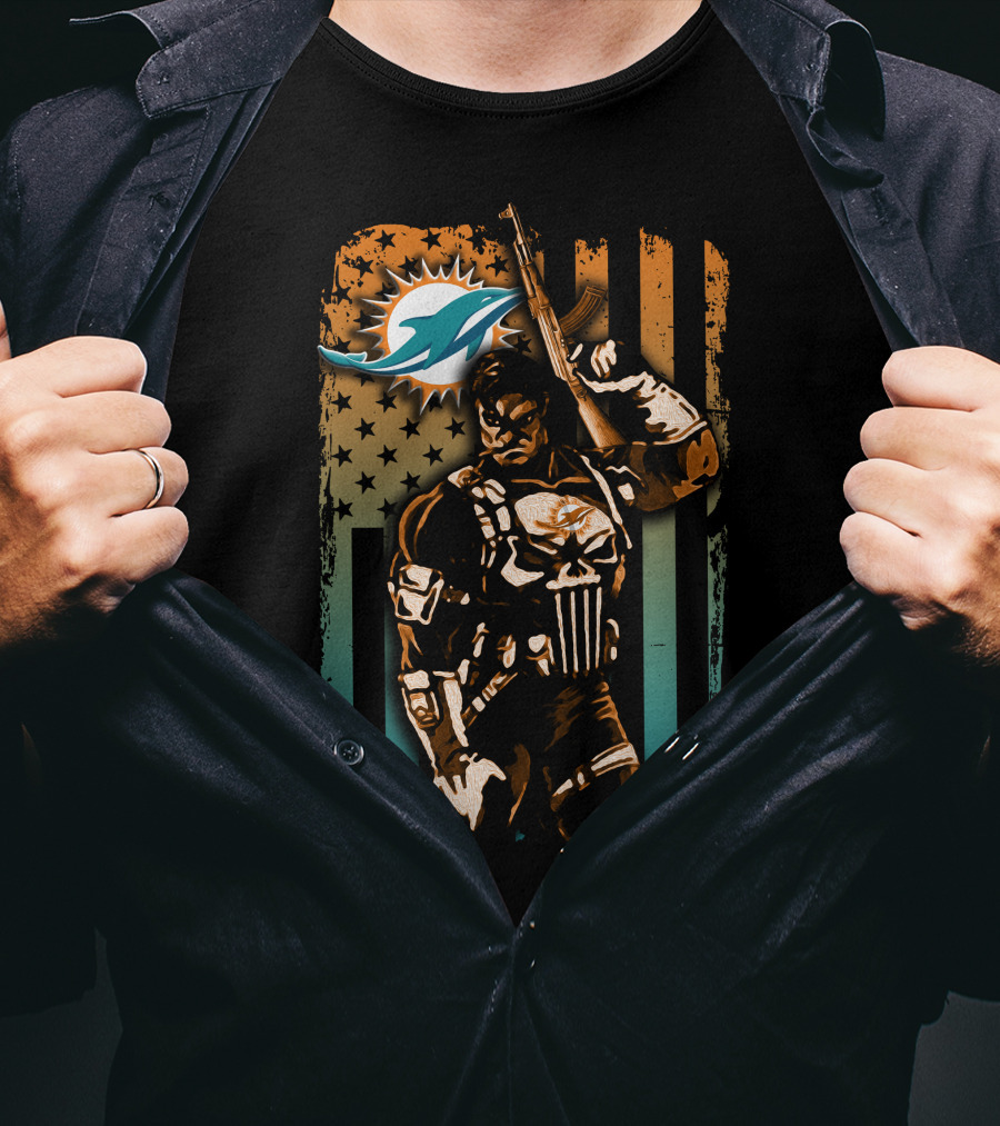 Miami Dolphins 48 Punisher Stars Stripes Crossover T-Shirt