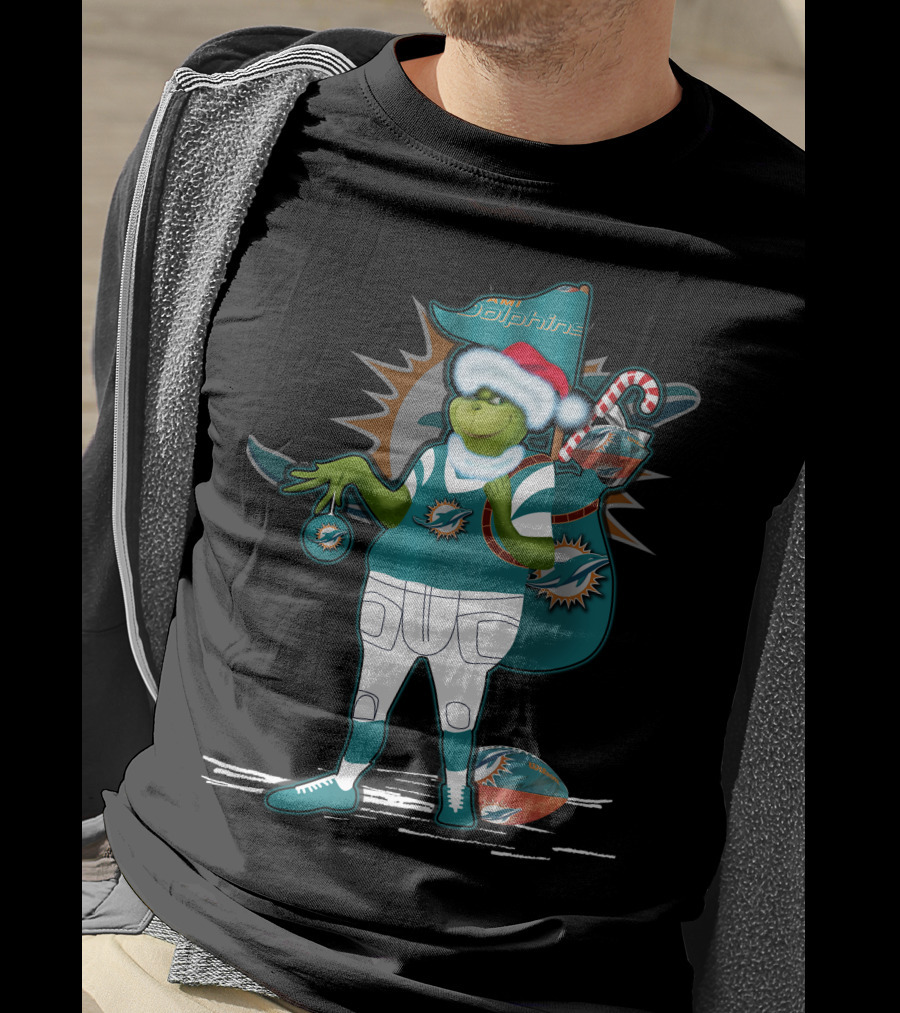 Grinchxmas Miami Dolphins Holiday Grinch With Football And Ornament Santa Hat T-Shirt
