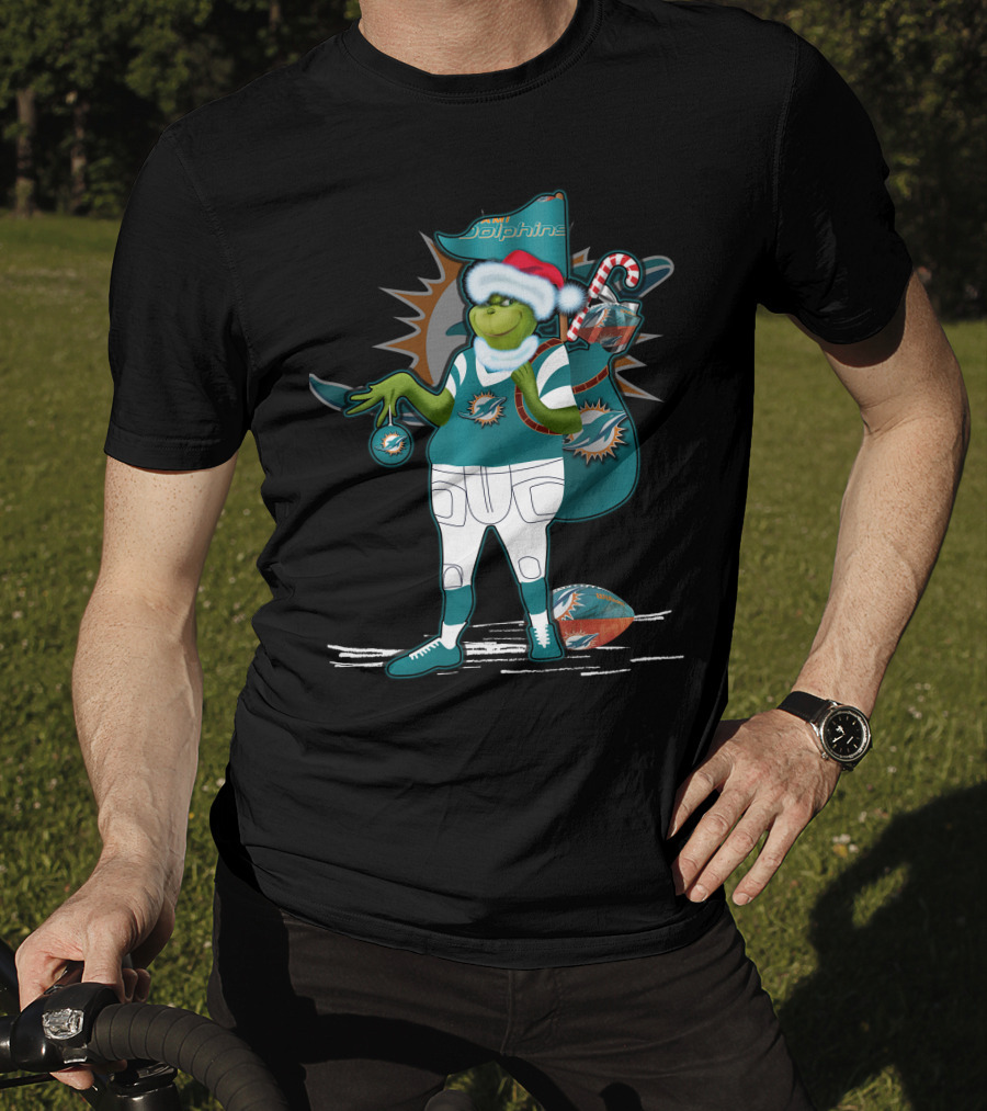 Grinchxmas Miami Dolphins Holiday Grinch With Football And Ornament Santa Hat T-Shirt