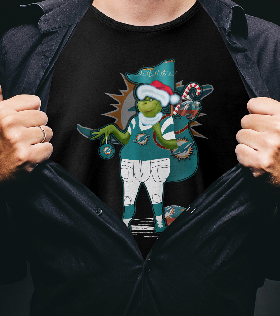 Grinchxmas Miami Dolphins Holiday Grinch With Football And Ornament Santa Hat T-Shirt