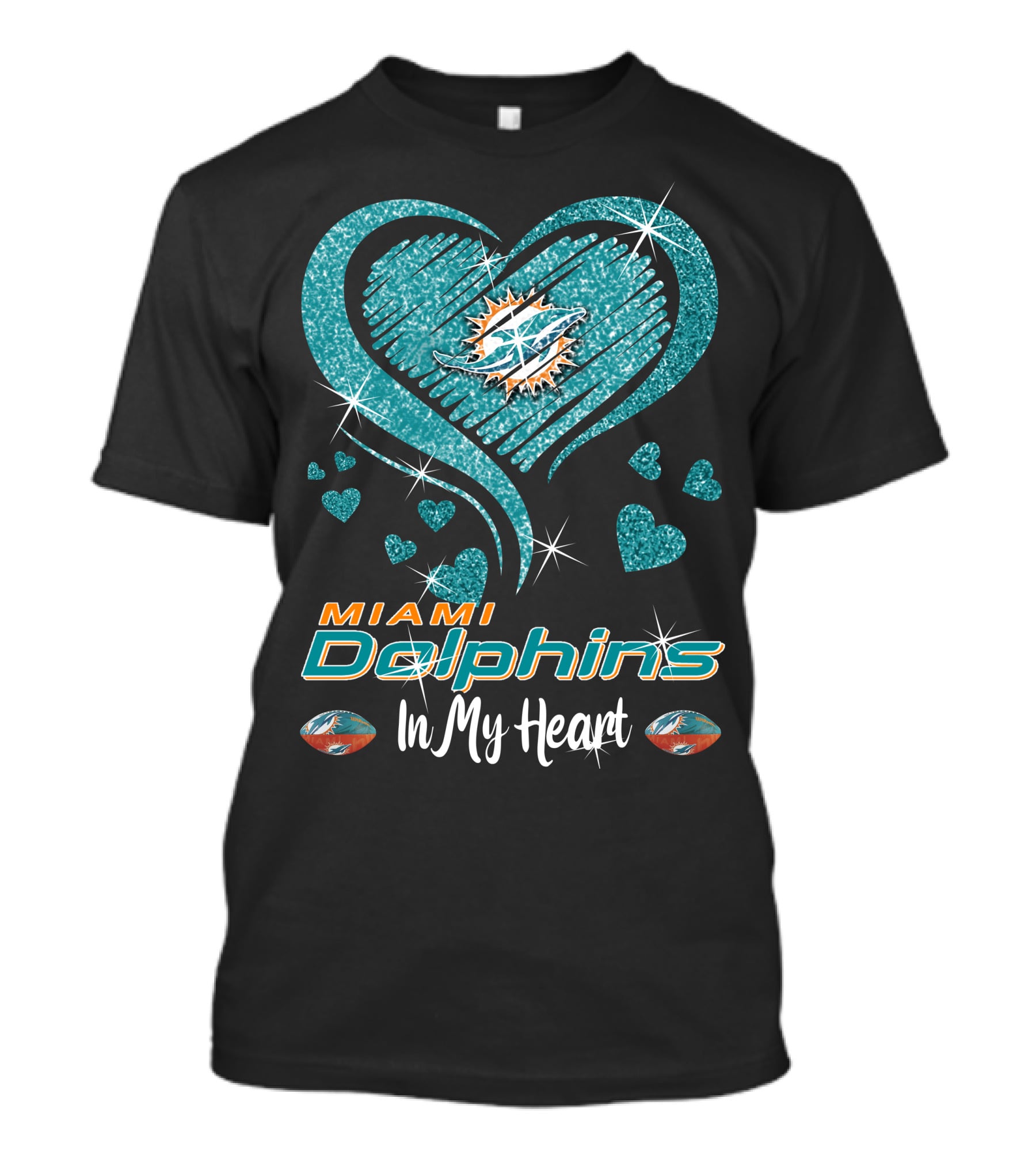 Miami Dolphins In My Heart Sparkling Teal Design With Logo And Hearts T-Shirt