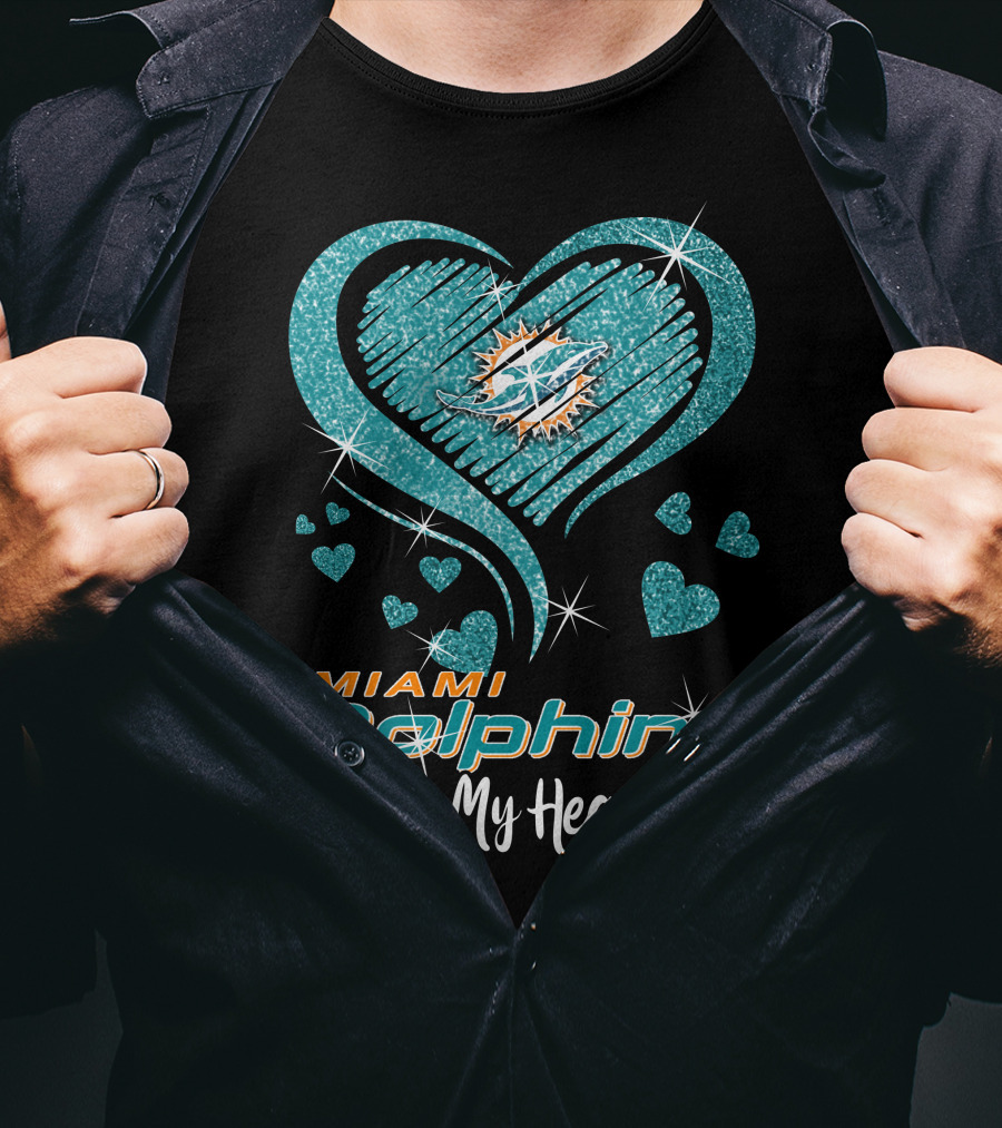 Miami Dolphins In My Heart Sparkling Teal Design With Logo And Hearts T-Shirt