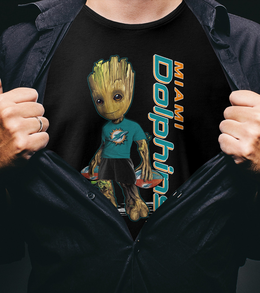 Groot Miami Dolphins NFL Fan Art Featuring Team Mascot T-Shirt