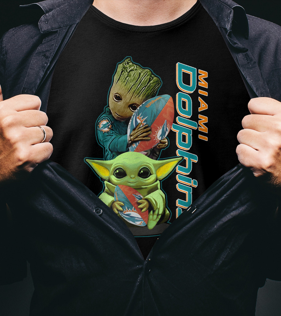 Grzd Miami Dolphins Groot And Baby Yoda Football T-Shirt