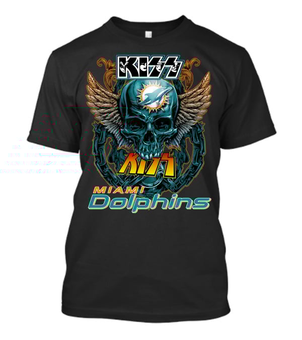 Kiss Miami Dolphins Skull Art With Wings And Chains T-Shirt