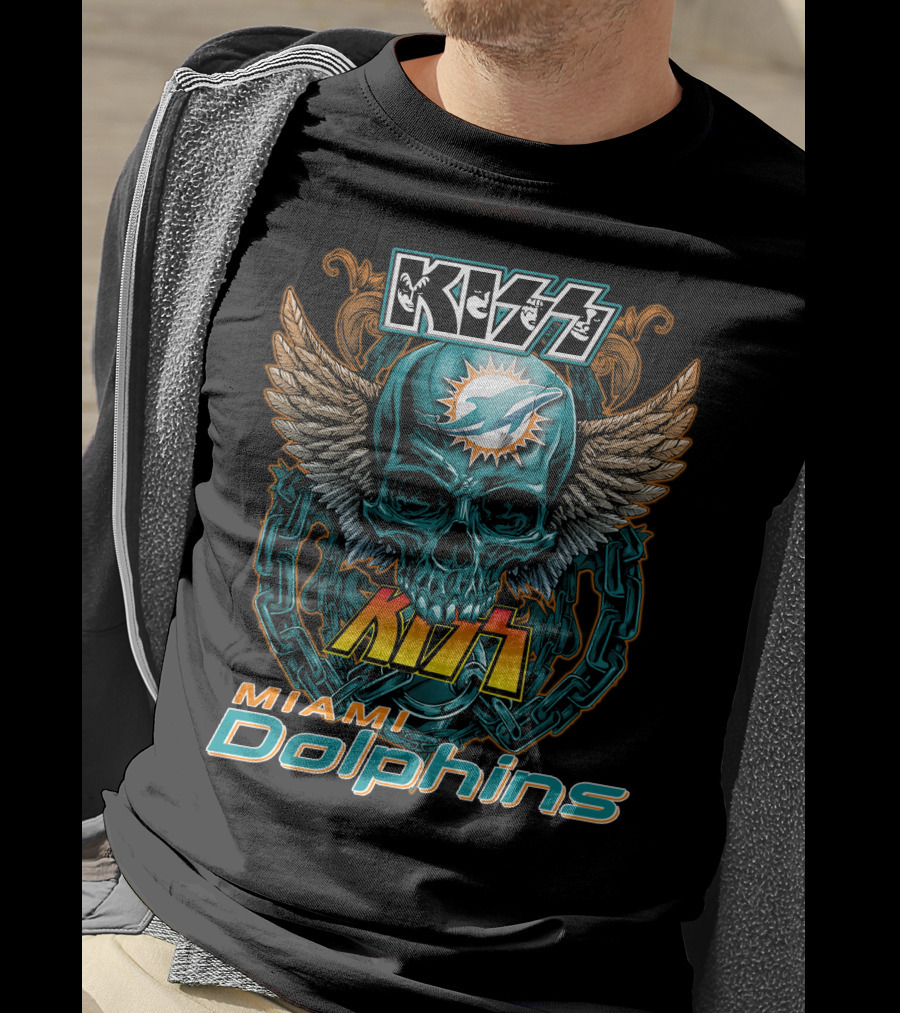 Kiss Miami Dolphins Skull Art With Wings And Chains T-Shirt