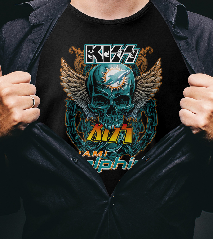 Kiss Miami Dolphins Skull Art With Wings And Chains T-Shirt