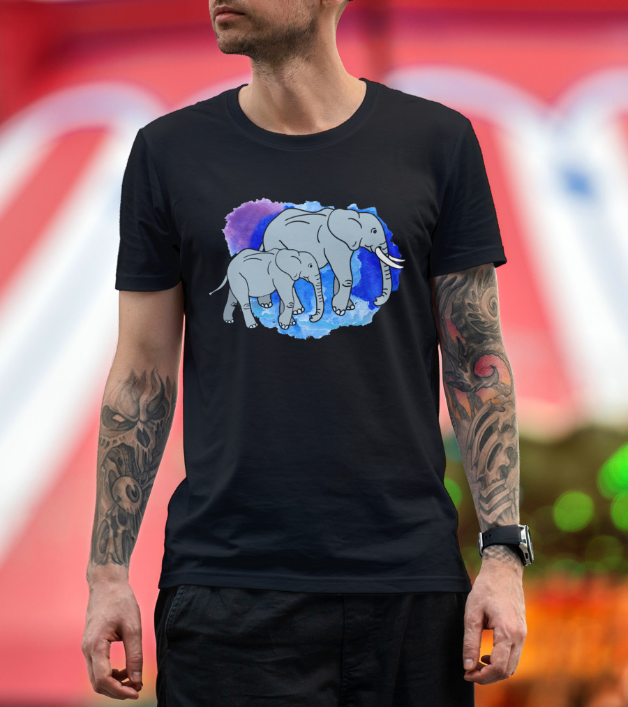 Elephant Mother and Child Watercolor Art with Blue and Purple Background T-Shirt