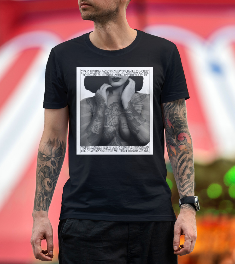 Angel with Latin Script Overlay and Winged Figure Tattoo T-Shirt