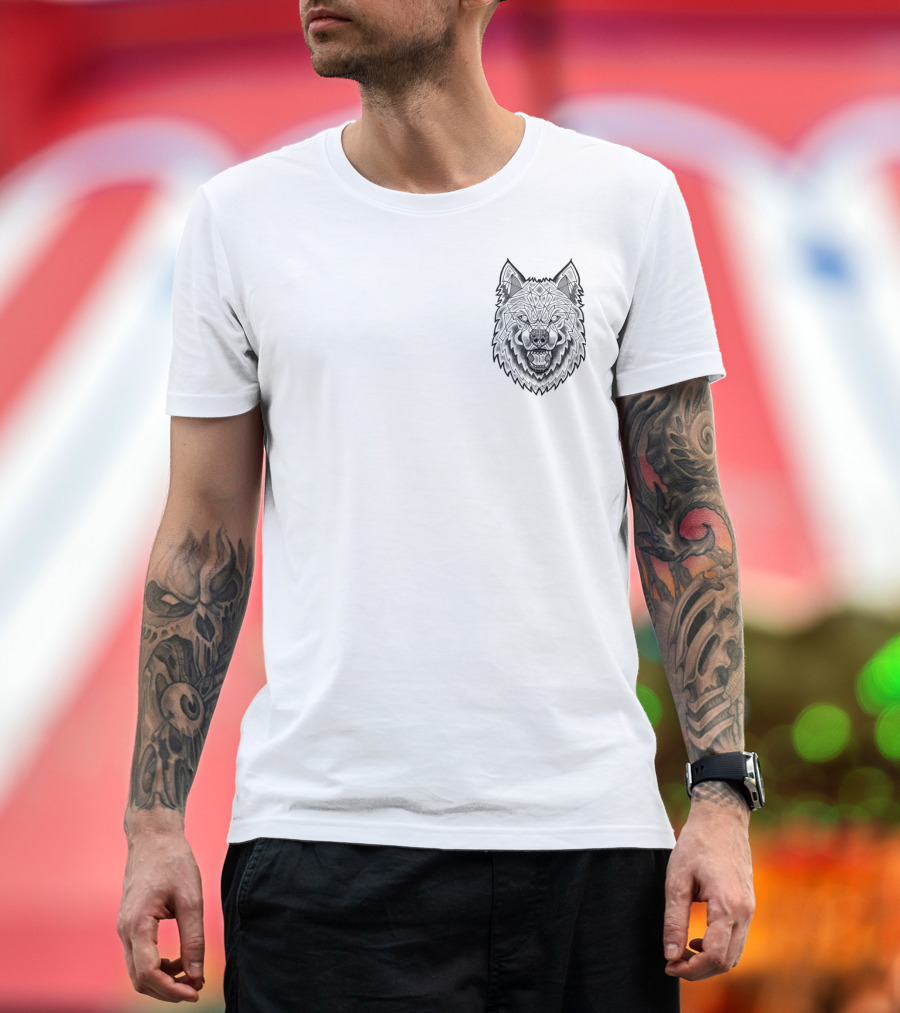 Geometric Wolf Head Dark T-Shirt with Intricate T-Shirt