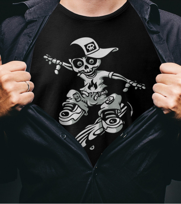 Skeleton Skater With Cap And Flame Shirt Mid-Flip T-Shirt