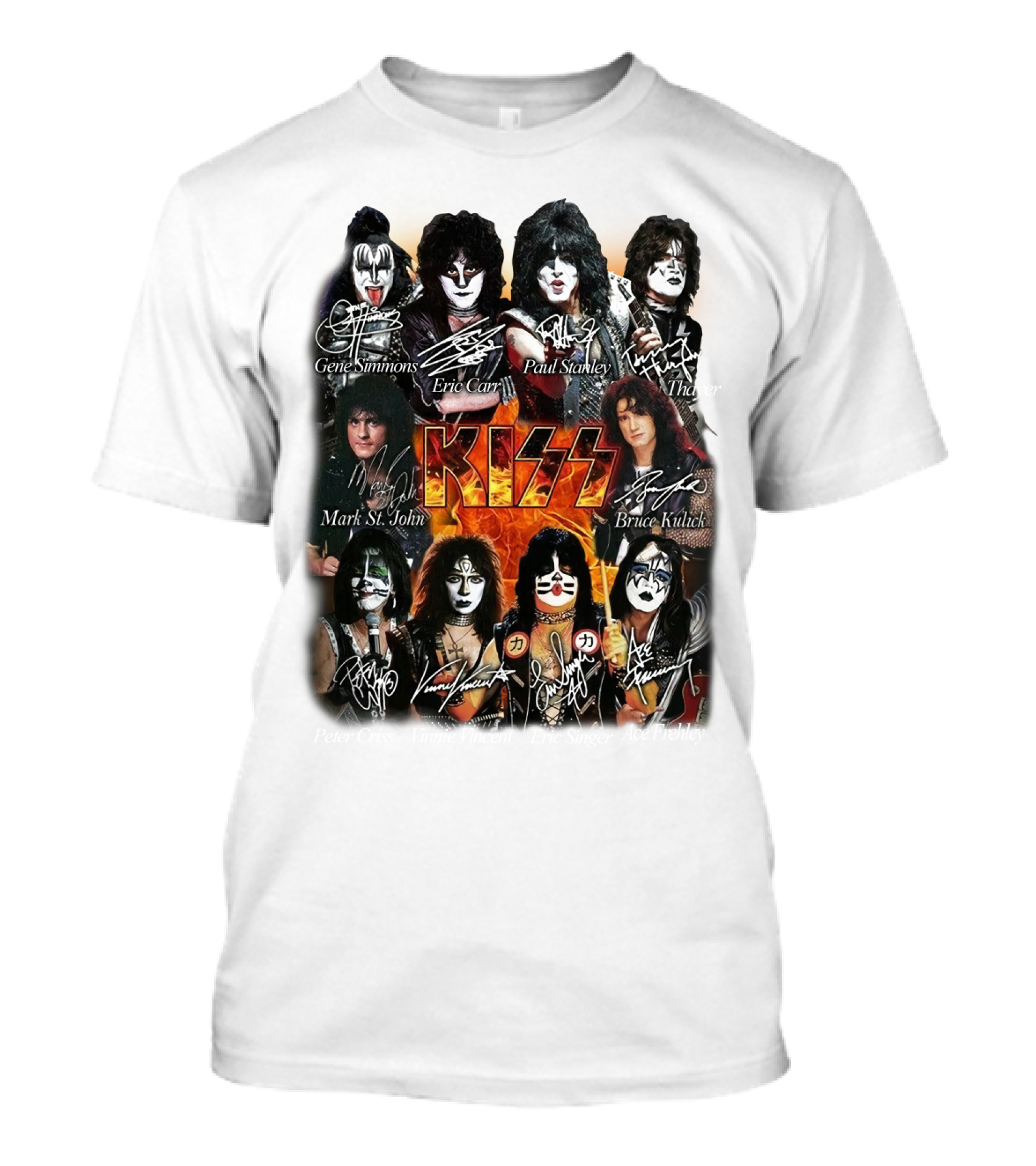 Kiss Band Members Gene Simmons Paul Stanley Peter Criss Ace Frehley Eric Carr Vinnie Vincent Mark St. John Bruce Kulick Eric Singer Thayer Signatures T-Shirt