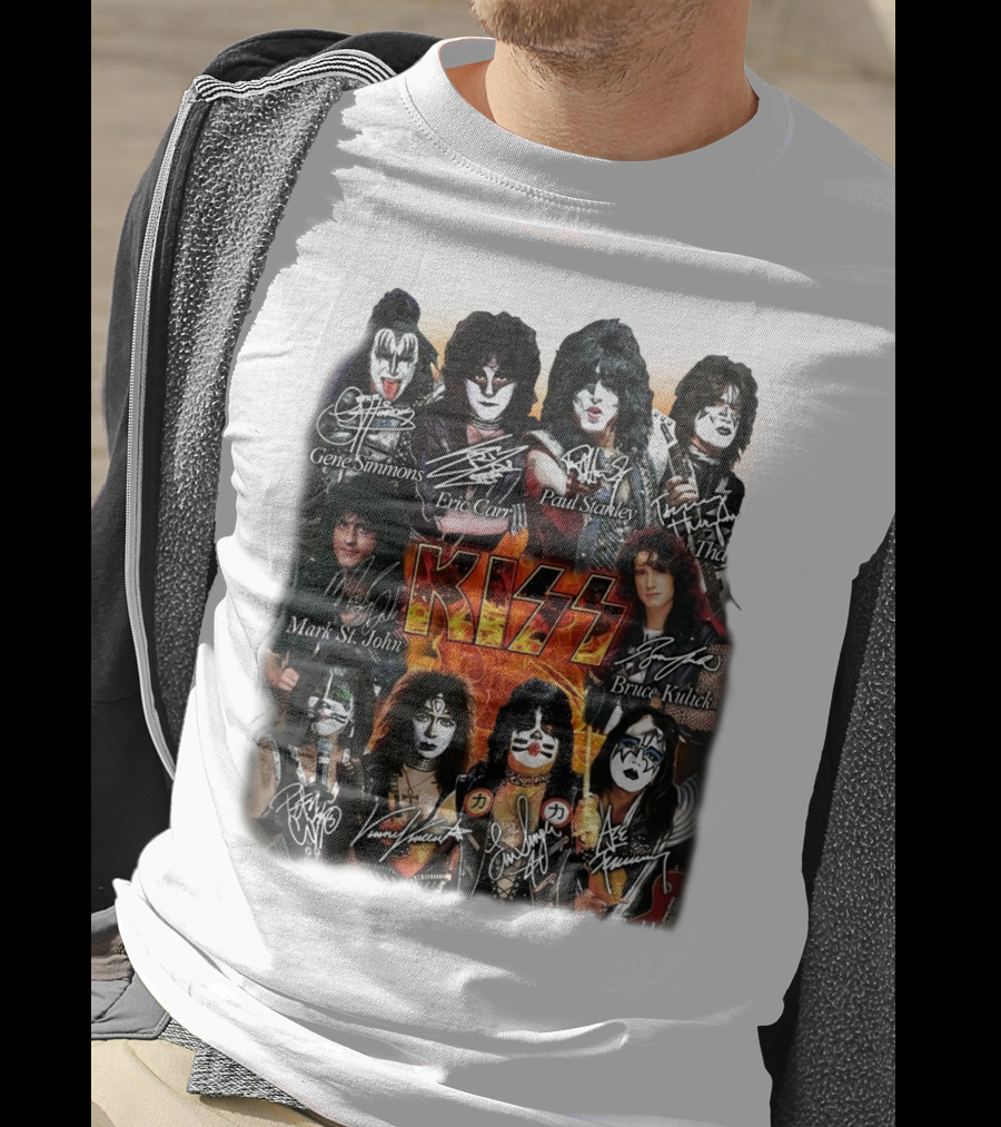 Kiss Band Members Gene Simmons Paul Stanley Peter Criss Ace Frehley Eric Carr Vinnie Vincent Mark St. John Bruce Kulick Eric Singer Thayer Signatures T-Shirt