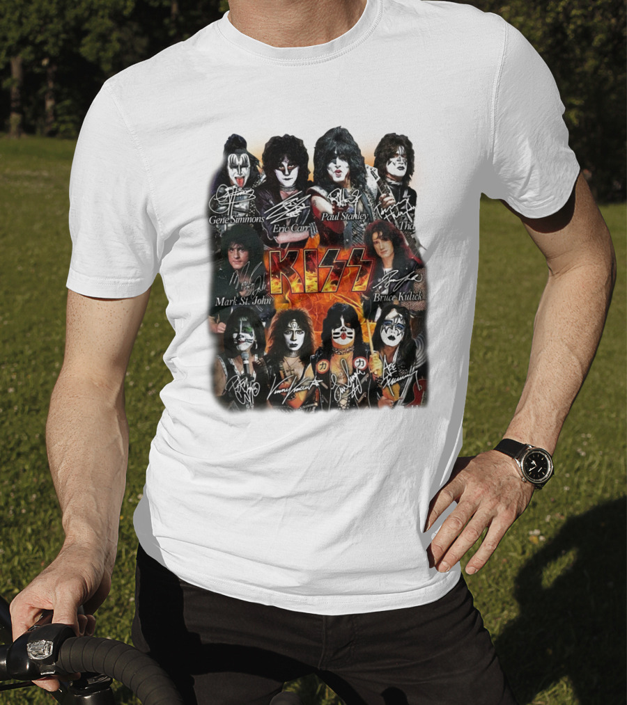 Kiss Band Members Gene Simmons Paul Stanley Peter Criss Ace Frehley Eric Carr Vinnie Vincent Mark St. John Bruce Kulick Eric Singer Thayer Signatures T-Shirt