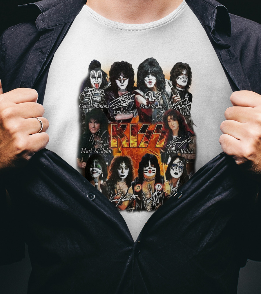 Kiss Band Members Gene Simmons Paul Stanley Peter Criss Ace Frehley Eric Carr Vinnie Vincent Mark St. John Bruce Kulick Eric Singer Thayer Signatures T-Shirt