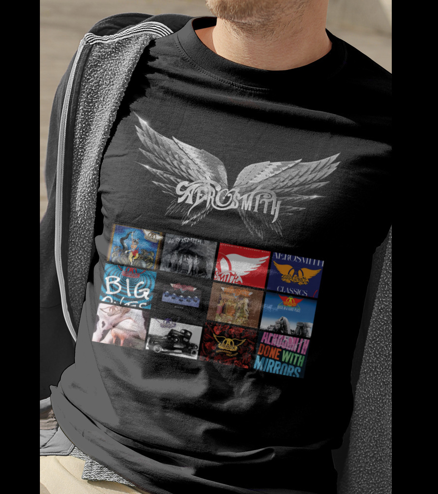 Aerosmith Wings Logo With Album Covers Collection Classics Big Ones Permanent Vacation Pump Done With Mirrors T-Shirt