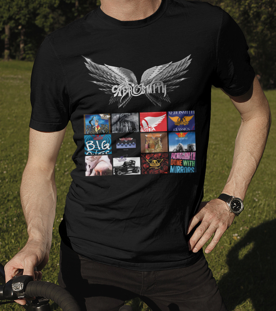 Aerosmith Wings Logo With Album Covers Collection Classics Big Ones Permanent Vacation Pump Done With Mirrors T-Shirt