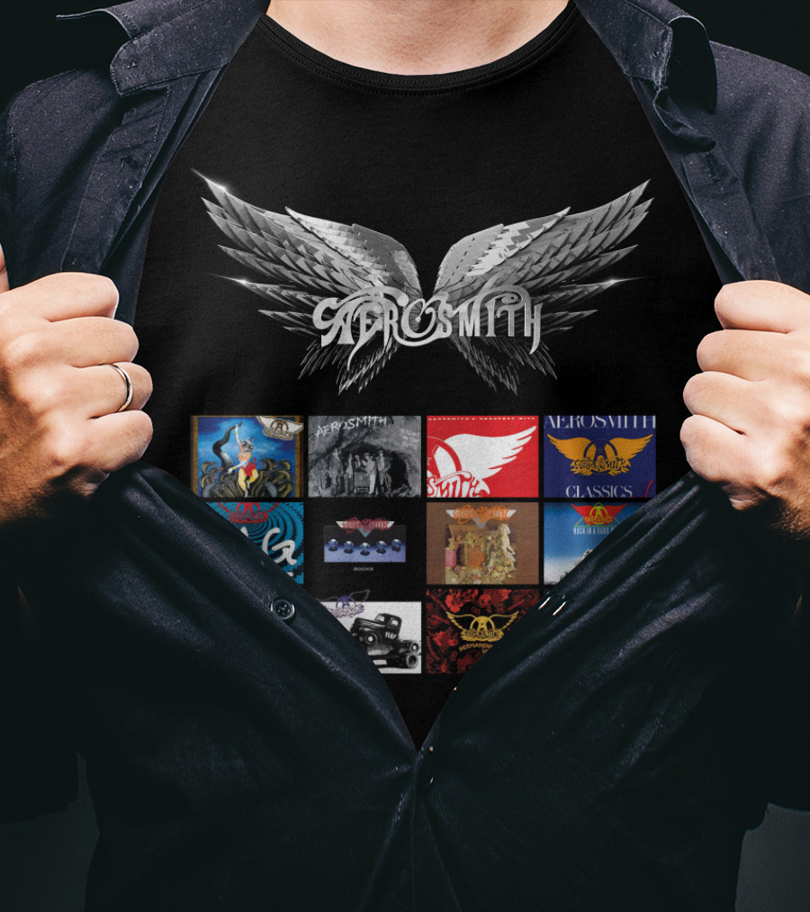 Aerosmith Wings Logo With Album Covers Collection Classics Big Ones Permanent Vacation Pump Done With Mirrors T-Shirt