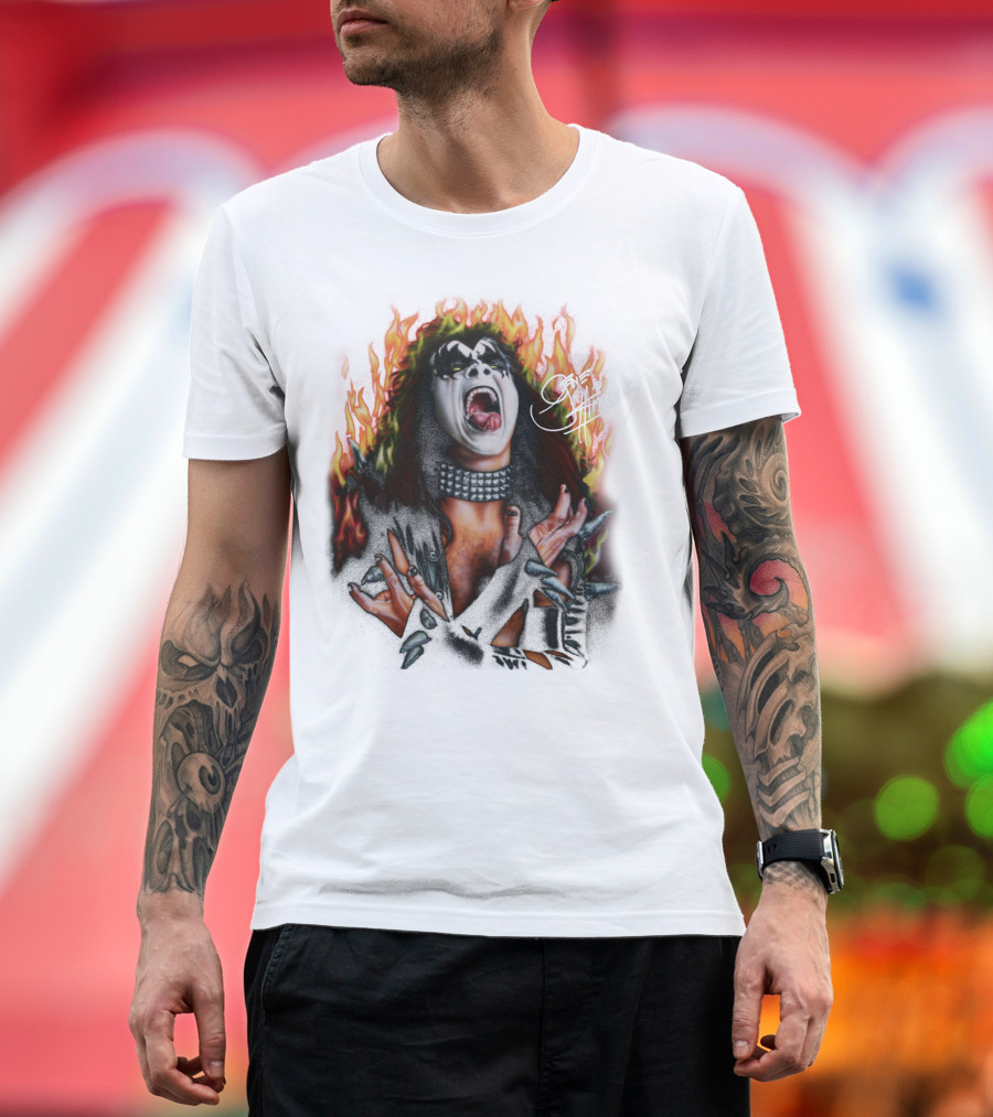 Gene Simmons Demon Makeup Fire Background T-Shirt