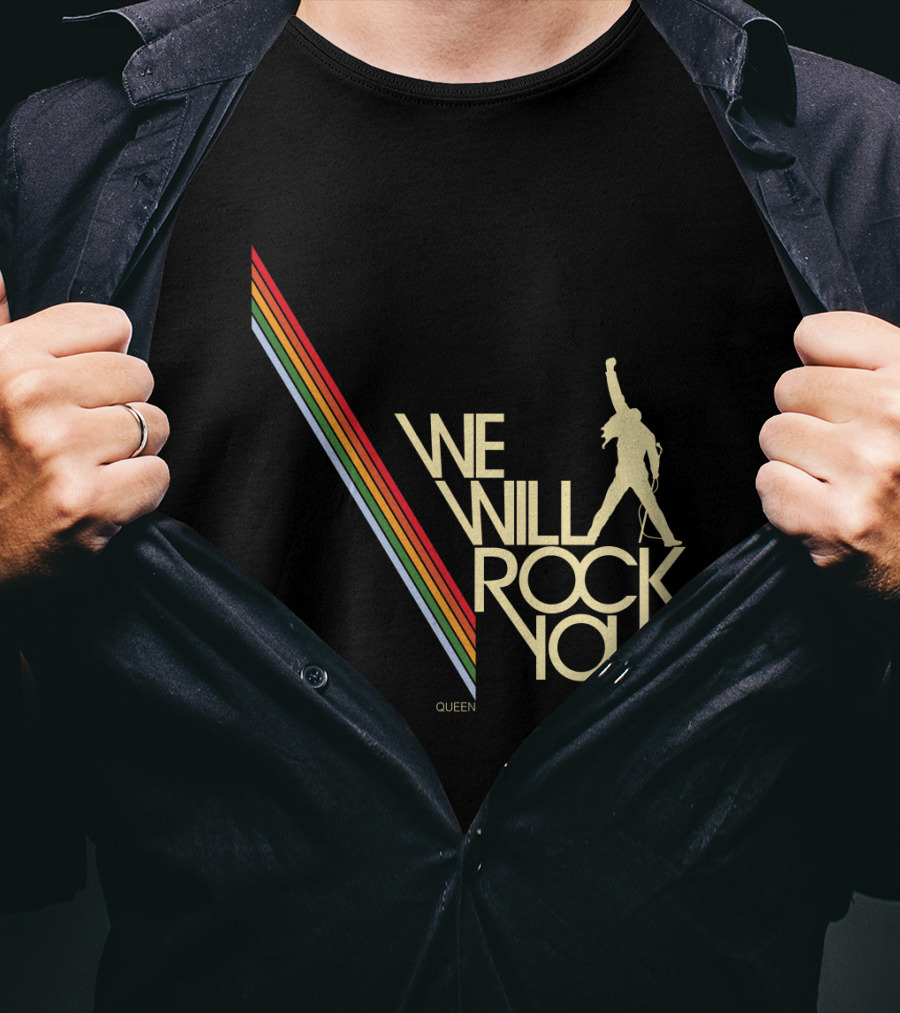 Queen We Will Rock You Silhouette Logo Rainbow Stripes T-Shirt