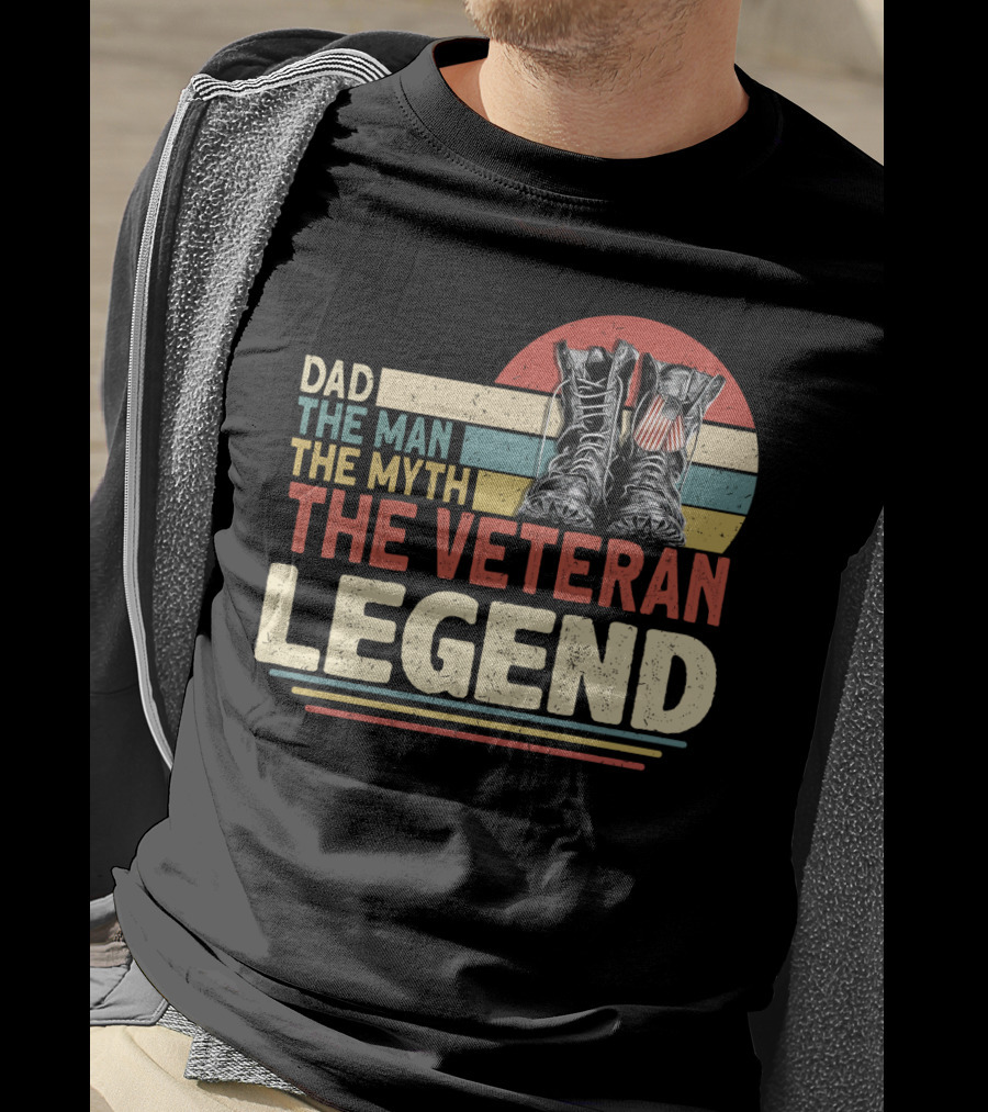 Dad The Man The Myth The Veteran Legend With Boots And Patriotic Stripes T-Shirt