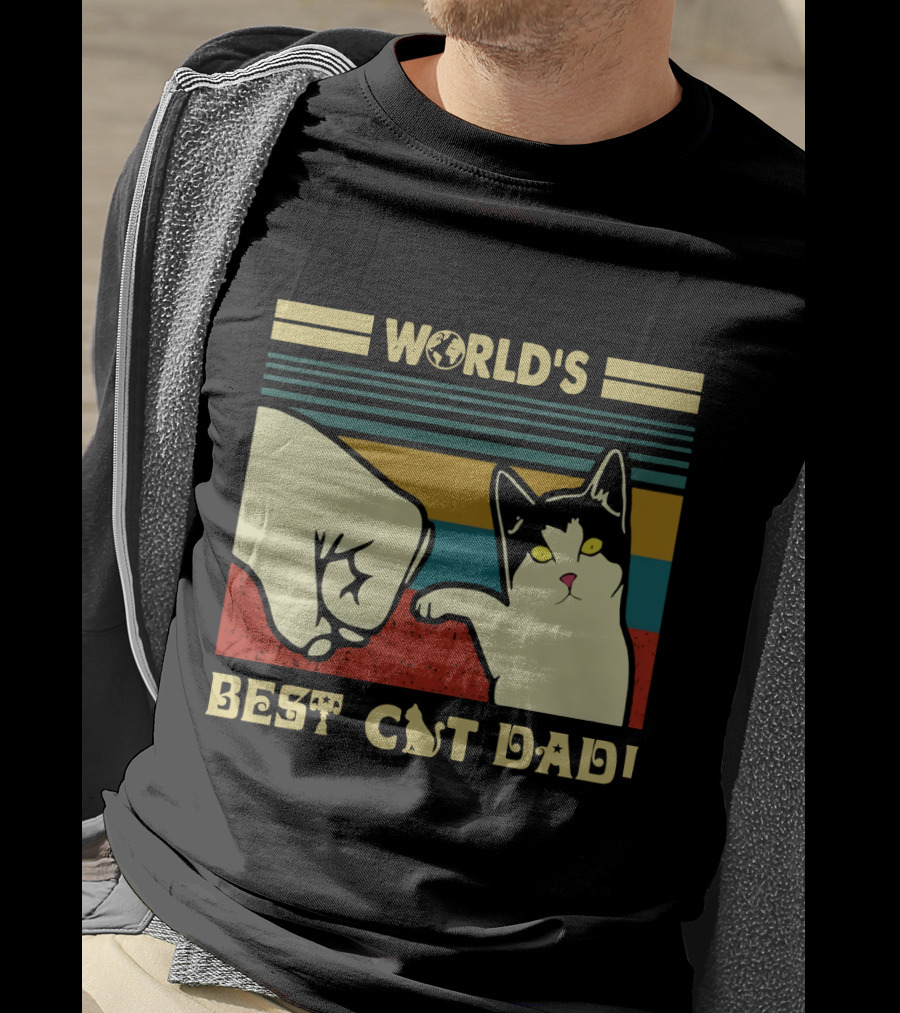 World's Best Cat Dad Fist Bump Retro Stripe T-Shirt
