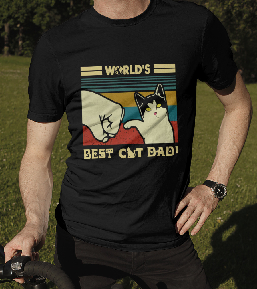 World's Best Cat Dad Fist Bump Retro Stripe T-Shirt