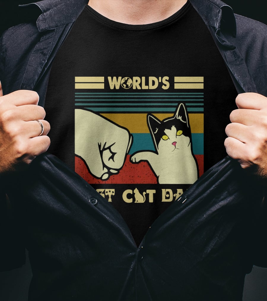World's Best Cat Dad Fist Bump Retro Stripe T-Shirt