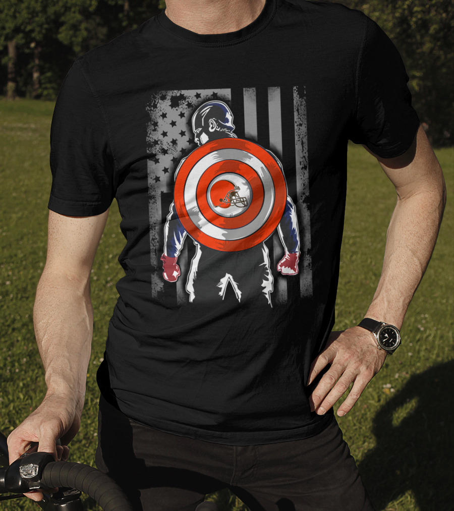 Cleveland Browns Captain America Shield USA Flag Backdrop T-Shirt
